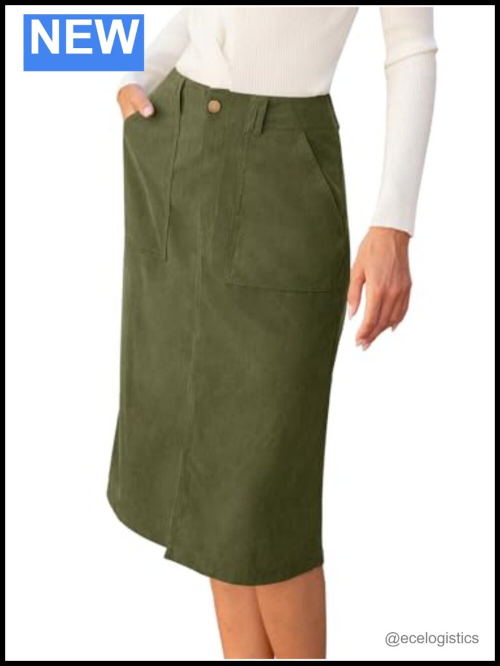 Corduroy High Waisted Pencil Midi Skirt with Slit and Pockets
